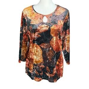 Velvet Velour Top Blouse Women PM‎ Fall Autumn Leaves Artsy Stretchy Y2K Keyhole